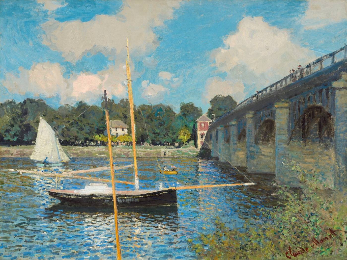 Visible blue, green, and yellow brushstrokes in Claude Monet’s painting The Bridge at Argenteuil.