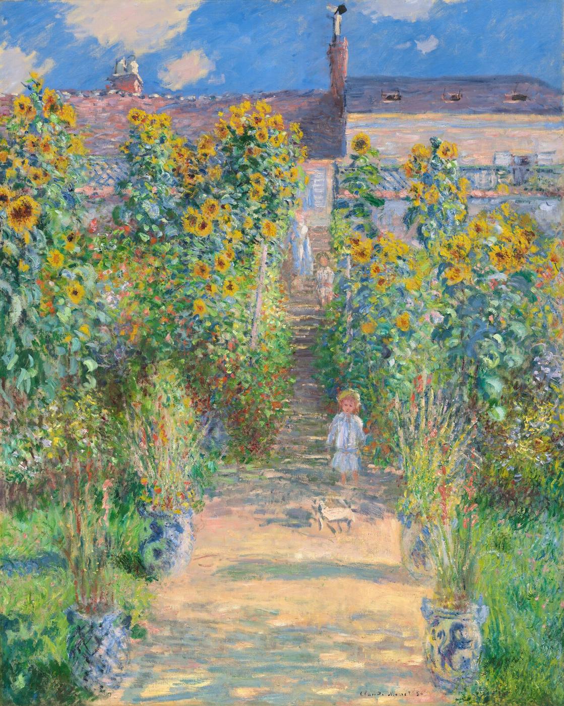 Claude Monet’s garden at Vétheuil: sunflowers, a garden path, and a house under a blue summer sky.